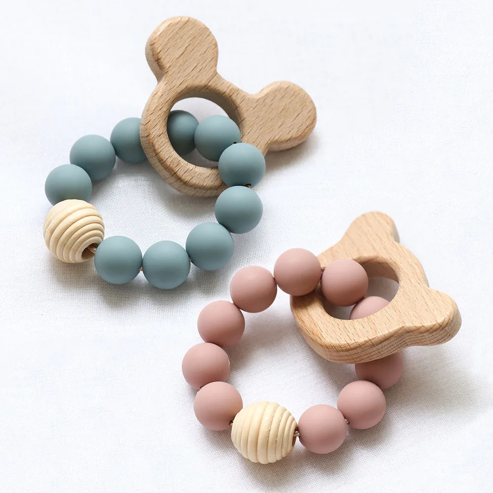 Baby Silikon Beißring Armband Spielzeug Holz Tier Baby Hängen Spielzeug Lebensmittelqualität Neugeborenen Baby Zubehör Image