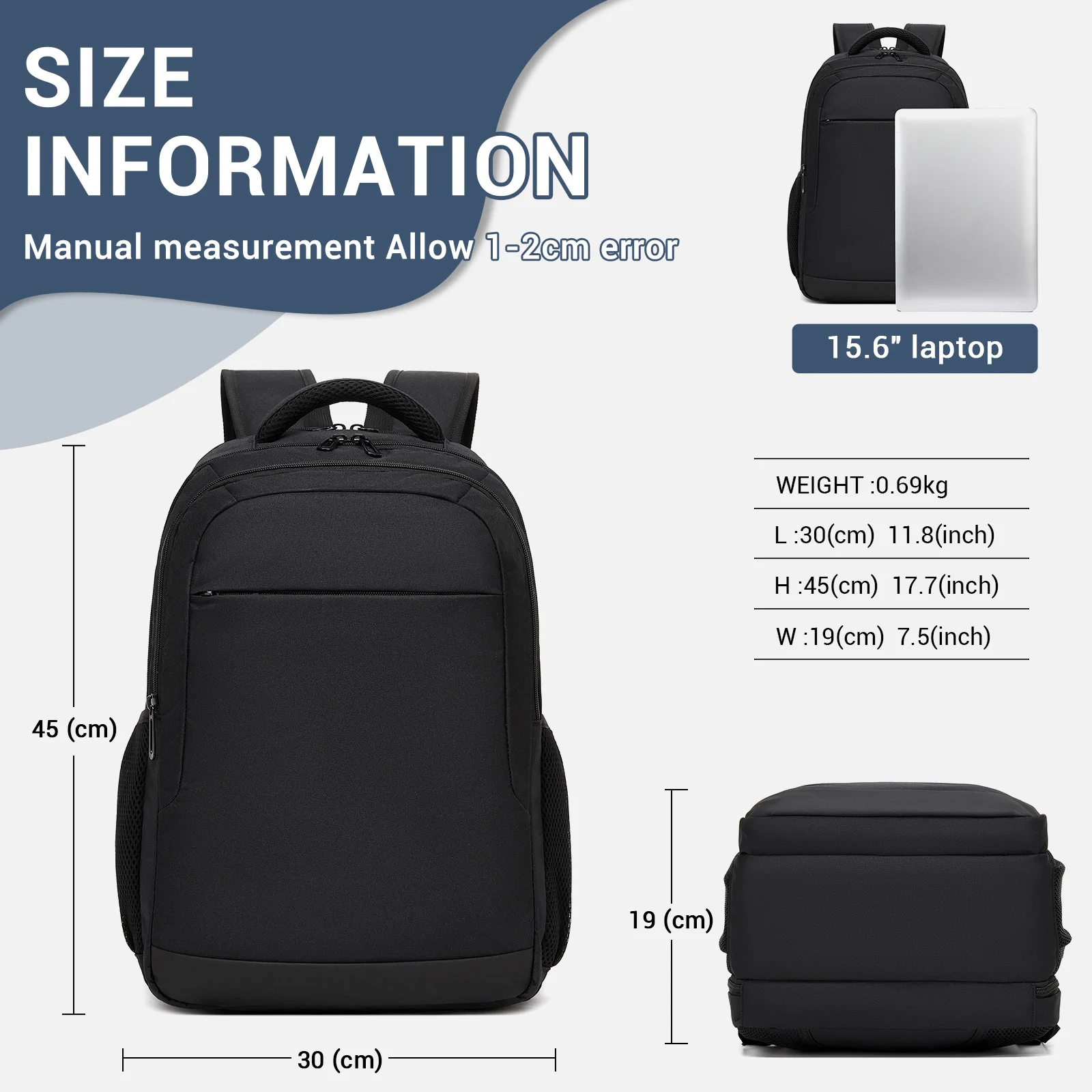 KONO Laptoprucksack aus Polyester, ergonomisch atmungsaktiv, vielseitig für Schule, Arbeit & Outdoor, Maße 30x45x19 cm Image