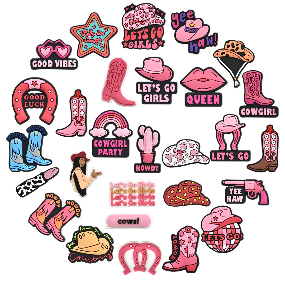 28-teiliges Rosa Cowgirl-Schuh-Charms-Set für Schuhe, Schlüsselanhänger, Sandalen, Strandtaschen, PVC DIY Schuh-Dekorationen, Schuh-Accessoires