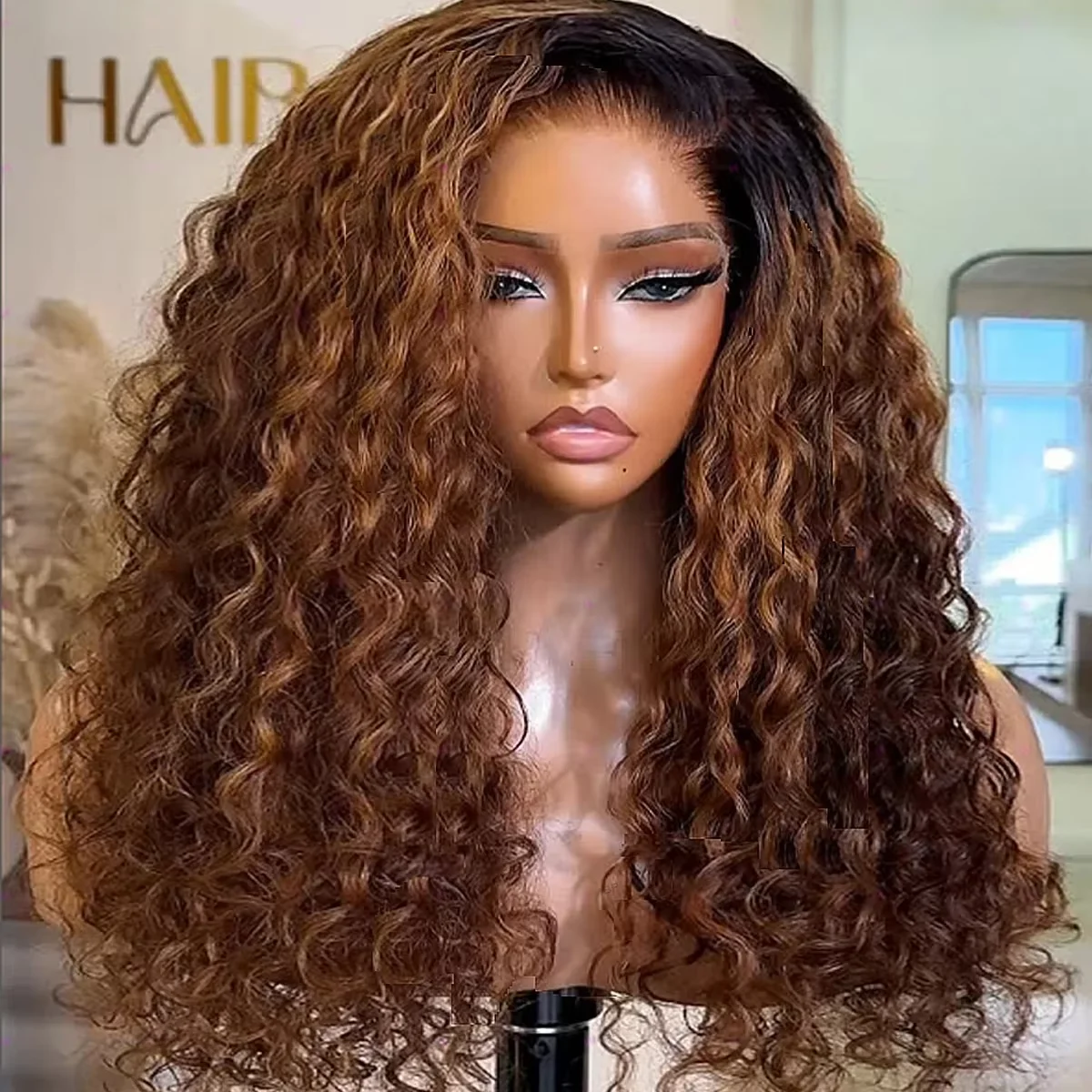 Klebefreie Ombre-Braune Kinky Curly Perücke, weich, vorgezupft, 26 Zoll lang, 180er Dichte, synthetische Lace-Front-Perücke für Damen, mit Babyhaar, für den täglichen Gebrauch Image