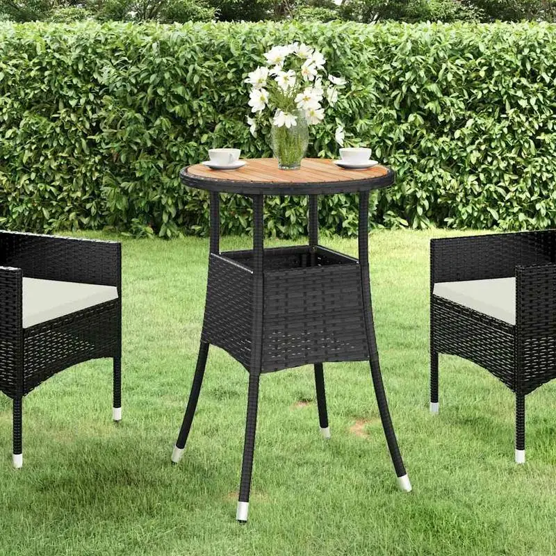 vidaXL Table de jardin ronde en résine tressée et bois d'acacia noir 60x75 cm pour patio, jardin, ensemble de meubles de jardin modernes