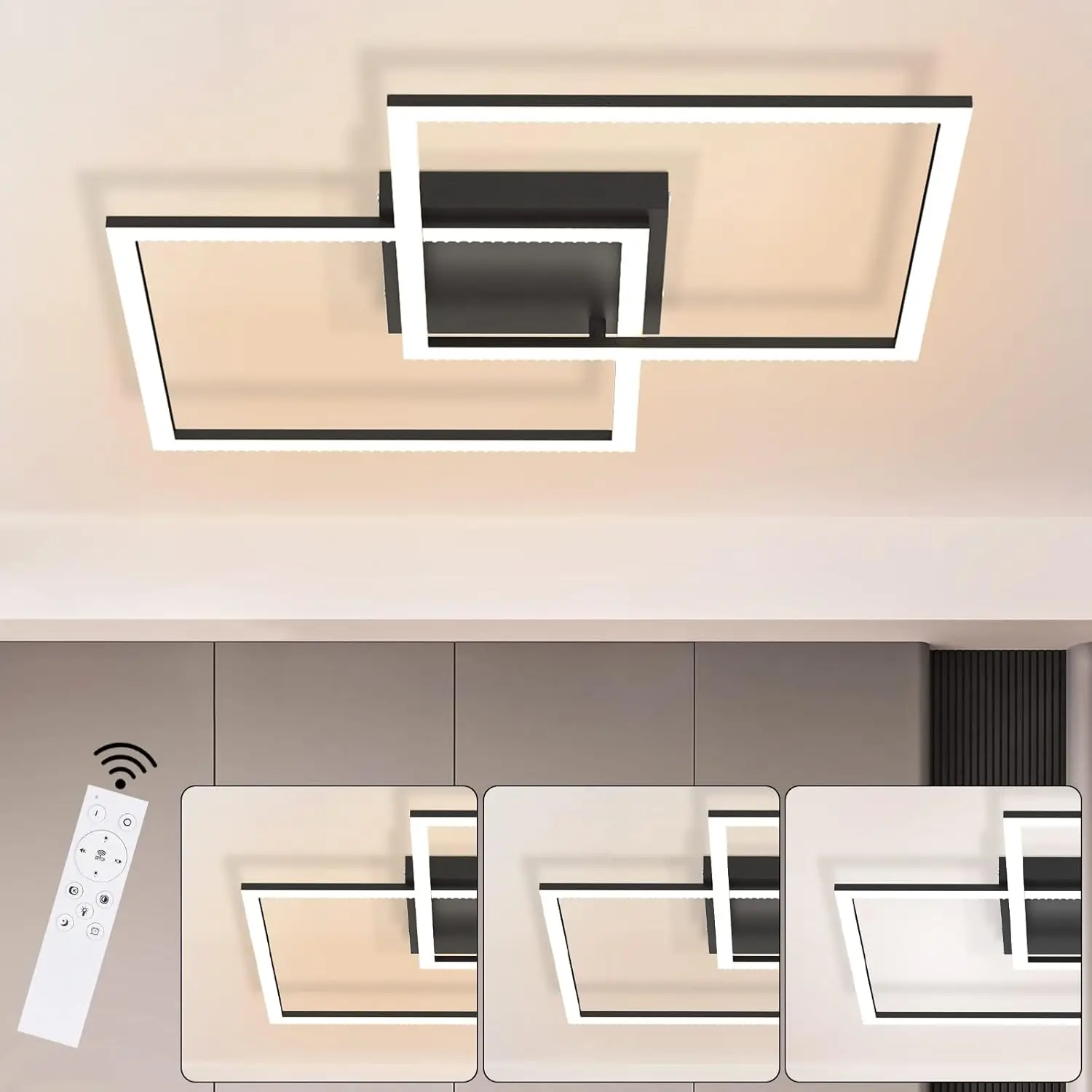 Plafonnier LED pour salon, lumière de plafond dimmable avec télécommande, lampe de salon noire, lampe de chambre moderne, lampe de cuisine 3000K - 6500K, lampe pour chambre, cuisine, couloir.