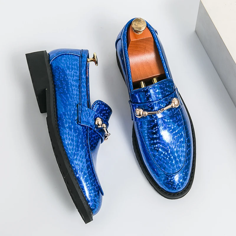 Herren-Schuhe aus glänzendem Leder, europäisch-amerikanischer Luxus, blau, hochwertige Bankett-Loafer, formelle Schuhe für Pendler, Partys und besondere Anlässe, Größe: 38-46