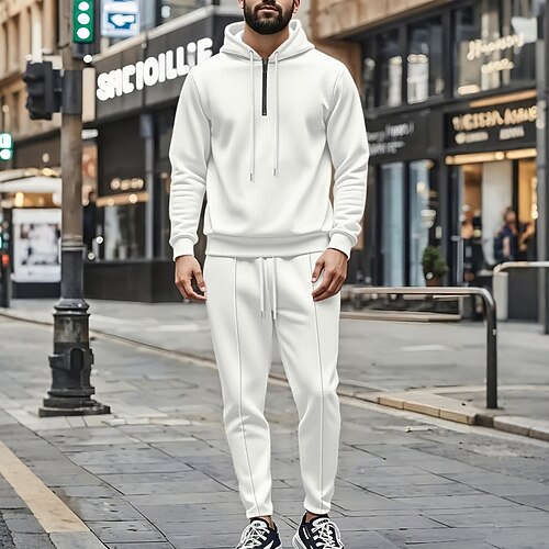Herren Trainingsanzug Jogginganzug Trainingsanzüge Kordelzug mit Tasche Einfarbig Kombination Frühling Herbst Weiß Khaki Fitnessstudio Training Winddicht Warm Langarm Sport Sportkleidung Image