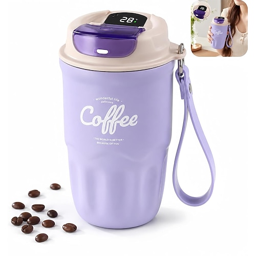 12-Unzen-Kaffeebecher für unterwegs mit intelligenter Temperaturanzeige, vakuumisolierter Edelstahlbecher, auslaufsicherer Thermobecher mit Silikongriff, tragbarer Becher für heiße und kalte Getränke, Image