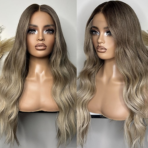 Echthaar 5x5 Verschluss 13x4 Spitzenfront Perücke Mittelscheitel Brasilianisches Haar Gewellt Blond Mehrfarbig Perücke 150% 180% Haardichte mit Babyhaaren Hervorgehobenes / Balayage-Haar Natürlicher Image