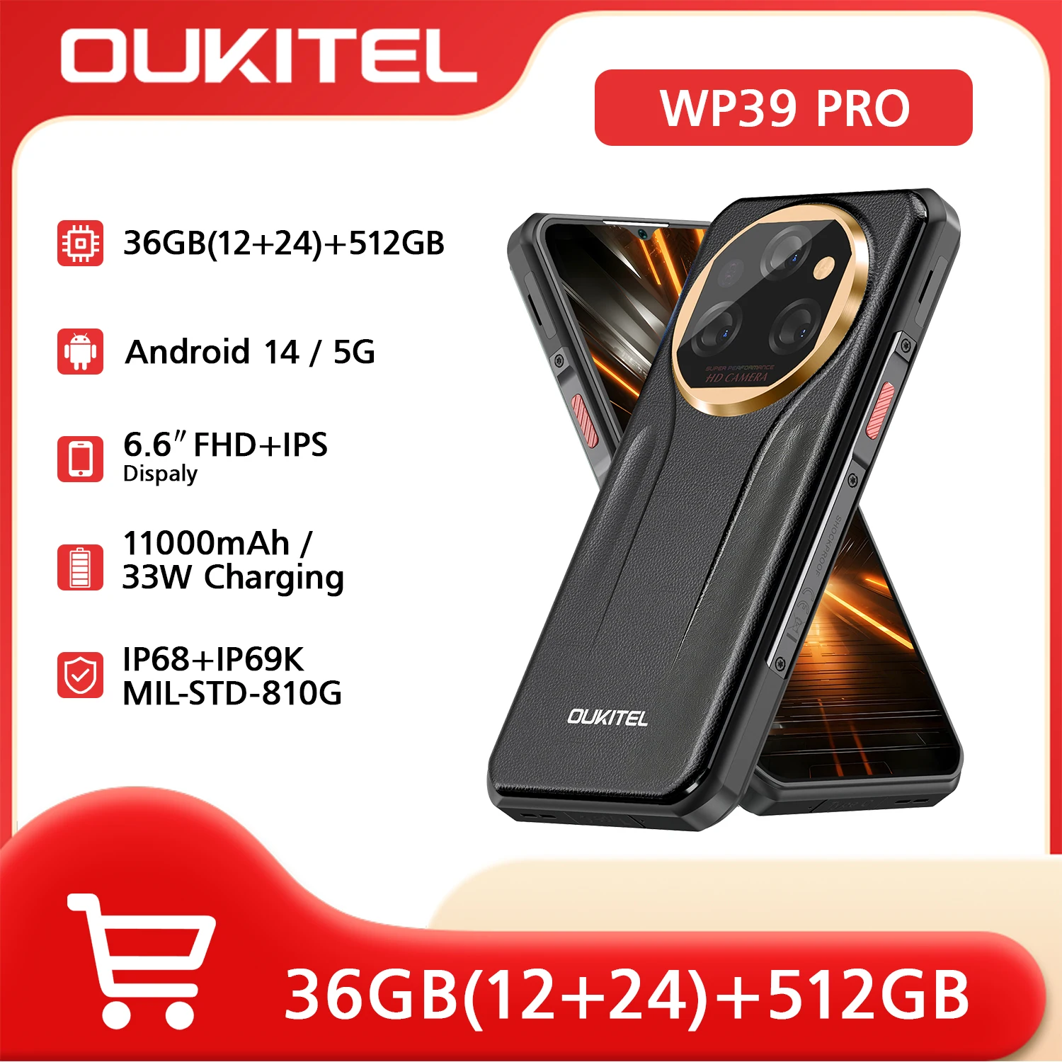 OUKITEL WP39 PRO Robustes 5G Smartphone, Entsperrt, 2025-36GB+512GB/2TB, 11000mAh (33W) Akku, 6,6'' FHD+ Display, Robustes Smartphone