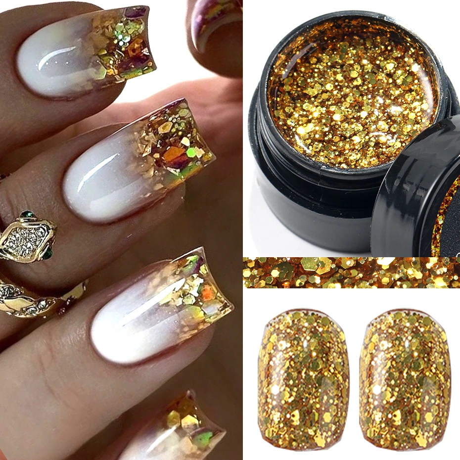 Champagner Gold Glitzer Reflektierendes Nagelgelpoliermittel Funkelndes Nagelgel Kristall Glitzer Graffiti Streifen Zuglinie Nagel UV Gel Image
