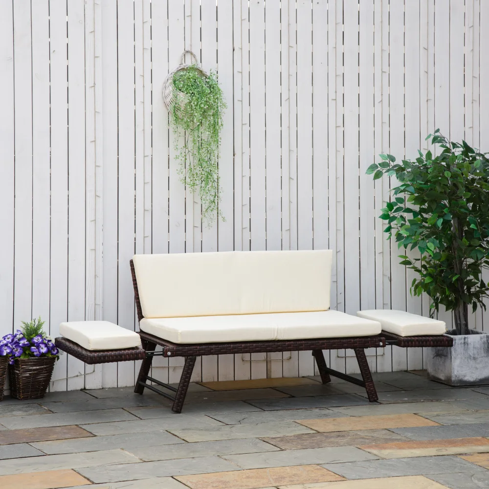 Polyrattan Gartensofa 2-Sitzer klappbar Gartenmöbel Loungesofa mit Armlehnen Stahl Braun 129x63x67 cm für Terrasse & Balkon