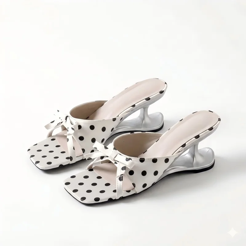 Damen Mules Sandalen mit Seltsamem Metallabsatz Elegante Pantoletten Punkte Muster Französisch Retro Kitten Heel mit Schleife Open Toe Sommer Party Schuhe Abend Absätze Kleiderschuhe Pantolette Mode