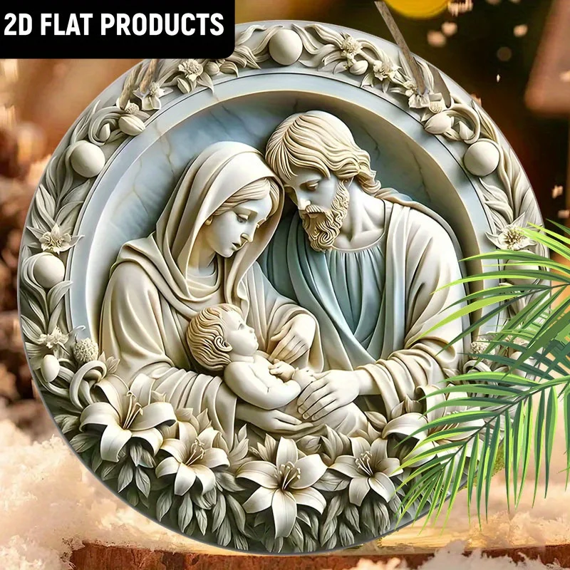 2D flach, 1 Stück Weihnachtskrippe Wanddekoration – Heilige Familie Jesus Mary Joseph Rundes Holzschild mit Blumenkranz-Design, klassisch Image