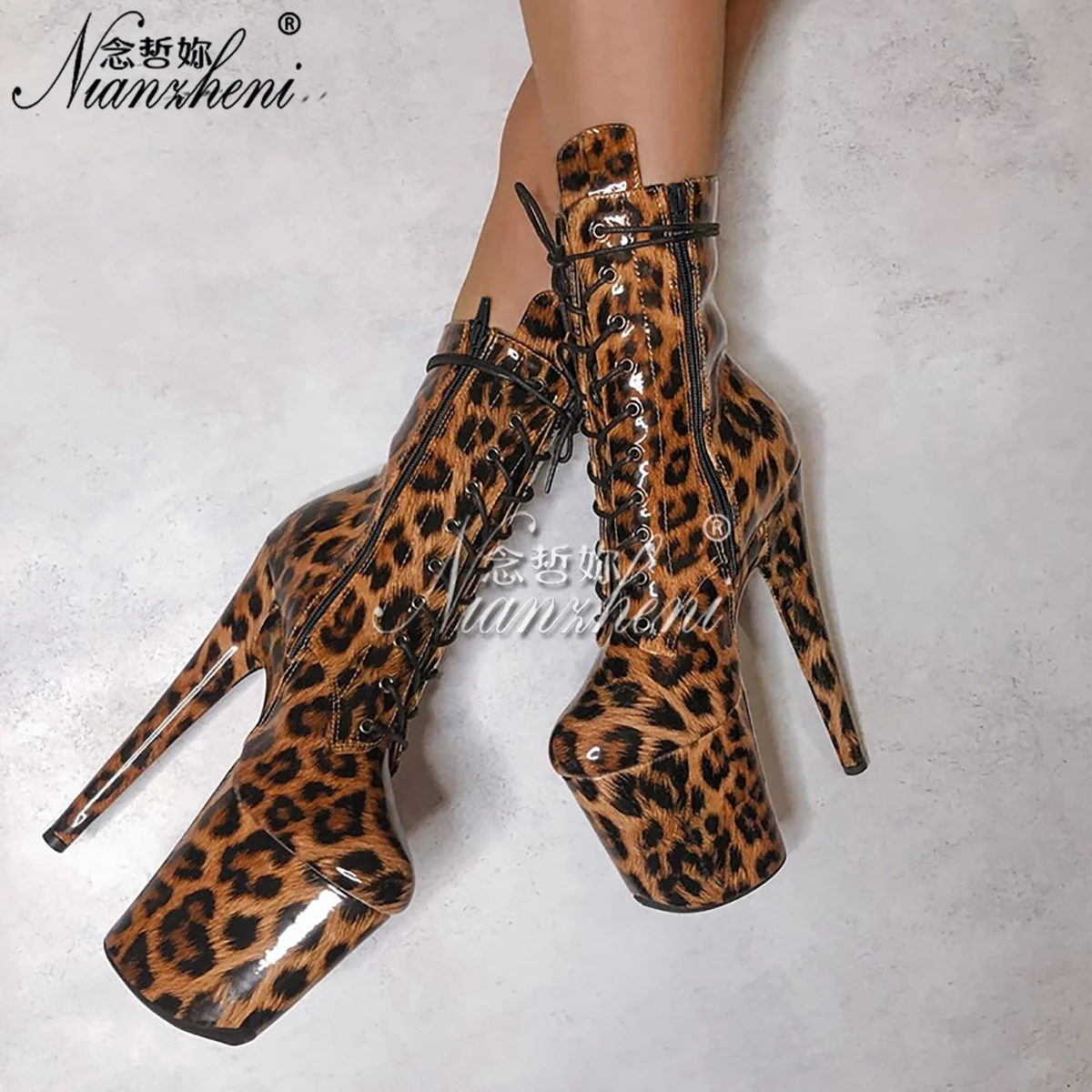 Exotische 20 cm Leopardenmuster Gothic Stripper Heels Größe 34-46 8 Zoll Plateau Stiefeletten Streifen Pole Dance Laufsteg Runde Zehen Damen