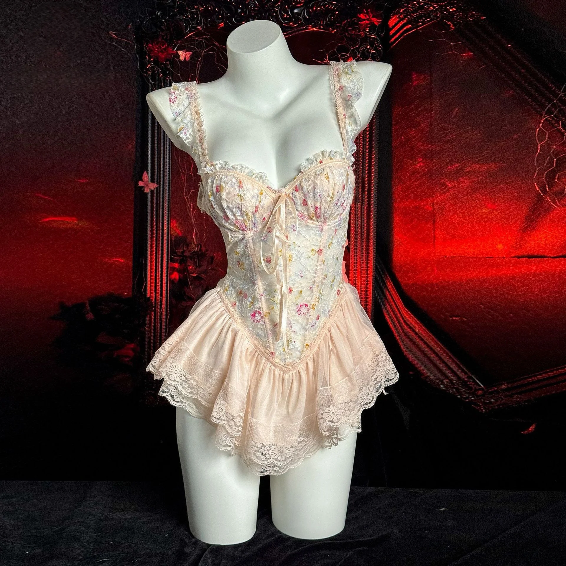 Das neue Korsett mit Blumendruck und Fischgrätmuster, mit Brustpolster, Pure Desire Sling, sexy Unterwäsche, einteiliger Body Image