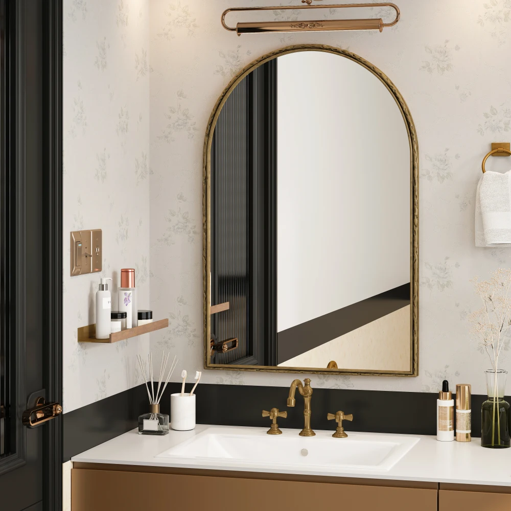 Eleganter, goldfarbener, bogenförmiger Badezimmer-Wandspiegel, bruchsicher und rostbeständig, hochwertiger Glas-Schminkspiegel oder dekorativer Bogenspiegel für Wohnzimmer-, Schlafzimmer- oder