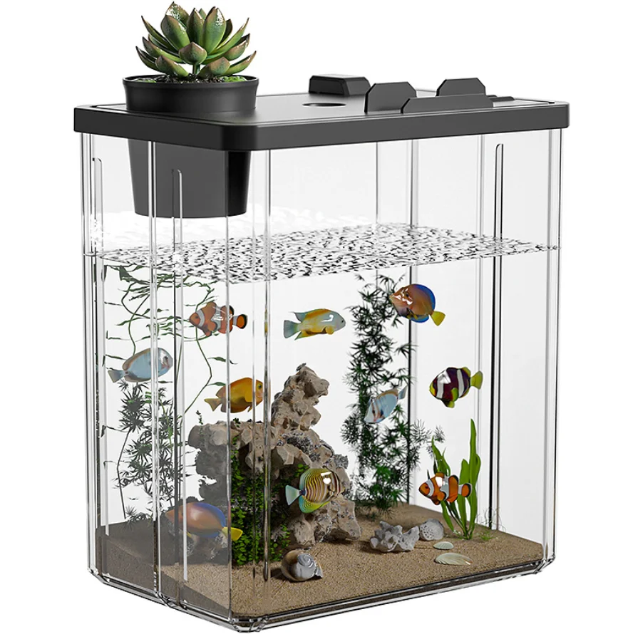 Aquarium für kleine Wohnzimmer, neue Landschaftsgestaltung, ökologisches Becken, ultratransparent, sturzsicher, mit Filter, Acryl-Tischschildkrötenbecken Image