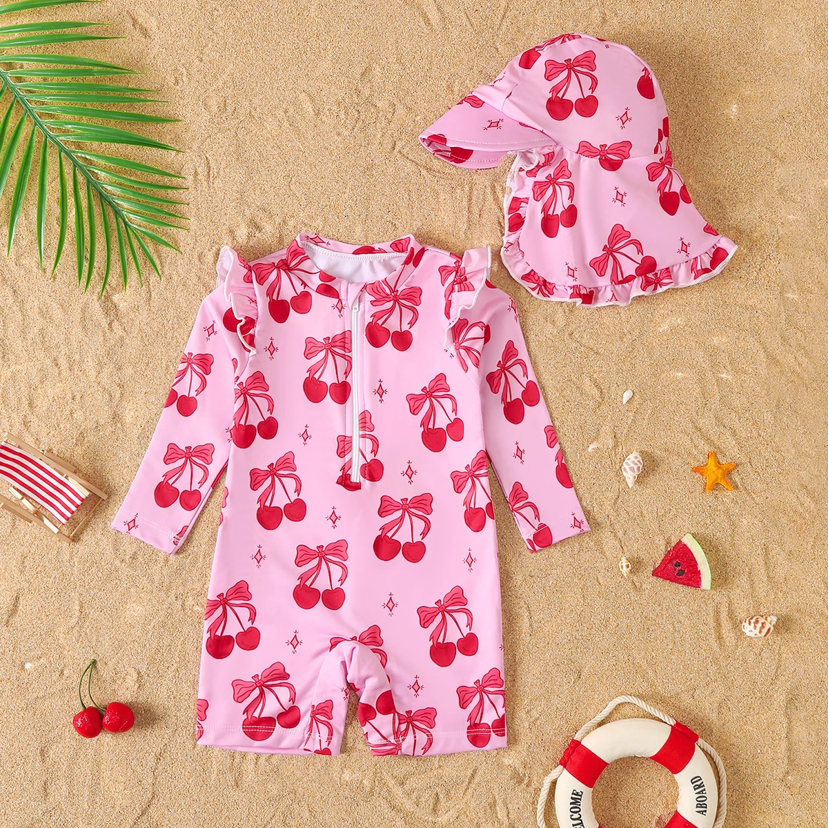 Baby-Mädchen-Sommer-Badeanzug mit Kirschmuster und langen Ärmeln, Badeanzug mit Hut, Badebekleidung für Kleinkinder, Schutz und Stil in einem Stück Image