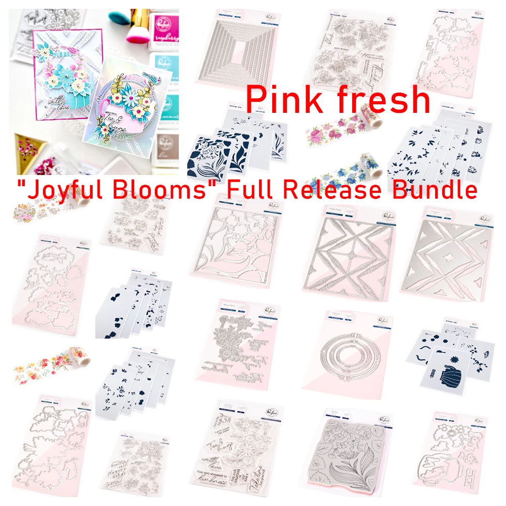 Joyful Blooms Vollverschluss-Bundle im März 20225, neue rosa frische Blumen-Stempel, Schablone, DIY-Scrapbook-Grußkarte, handgefertigtes Album Image