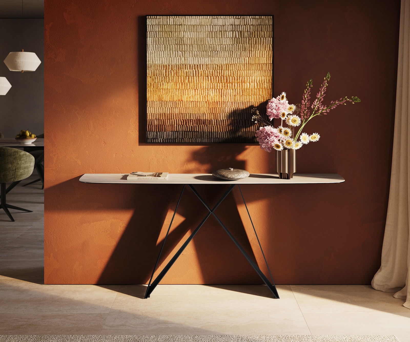 DELIFE Konsolentisch Edge Boot 180x40 cm Keramik Laminam® Travertino Bianco Creme-Weiß Velio Metall Schwarz, Konsolentische