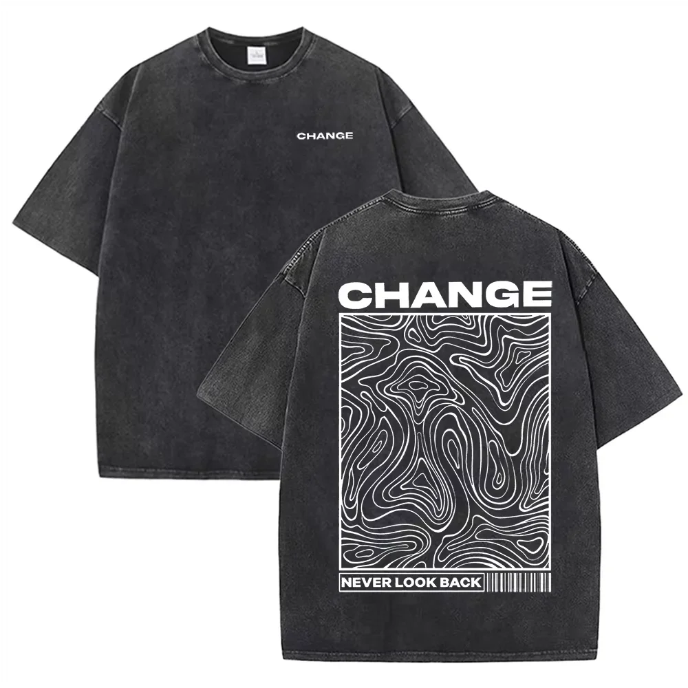 Minimalistisches T-Shirt mit Aufdruck „CHANGE Never Look Back“ in gewaschenem Schwarz im Streetwear-Stil Image