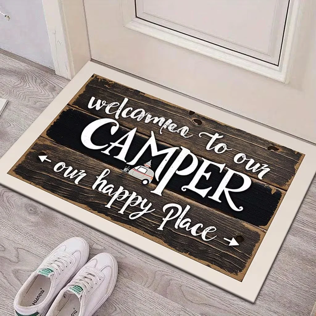 Willkommen bei unserer Camping-Wohnmobil-Willkommensmatte, dem Our Happy Place Eingangsteppich, der 2D flach bedruckten, rutschfesten, waschbaren Bodenmatte Image