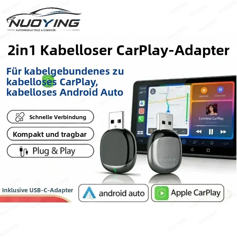NUOYING 2026 Kabelloser CarPlay/Android Auto Dongle 2-in-1, AI Smart Box, USB-A/USB-C Fahrzeugadapter Image