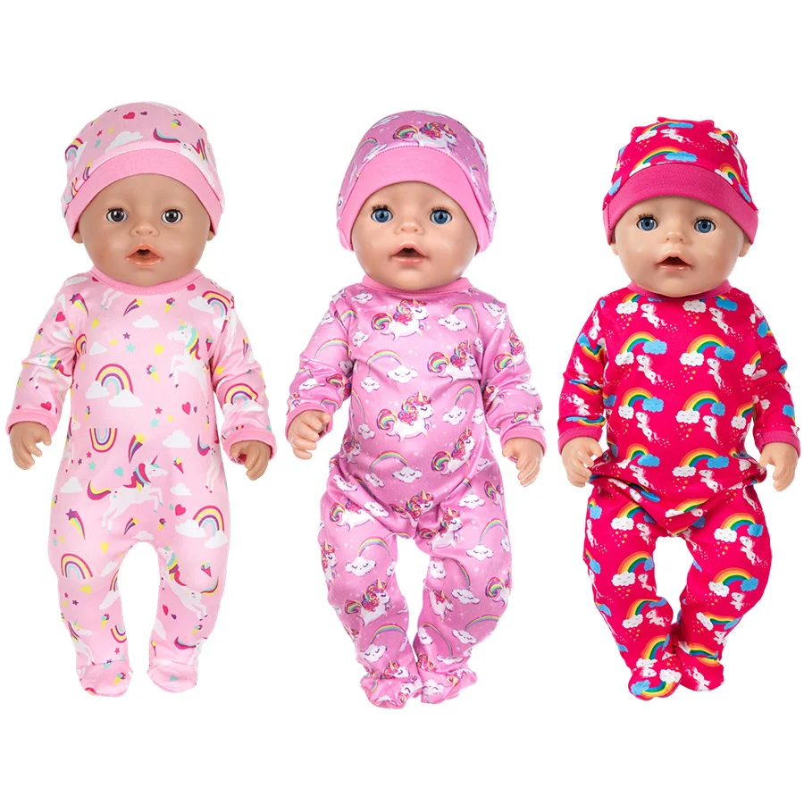 Puppen-Pyjama-Nachtmützen-Set, 18 Zoll, 45 cm, niedliches Regenbogenmuster, Puppenkleidung für Reborn-Puppe, American Doll Born Doll, Mädchenspielzeug, Geschenk