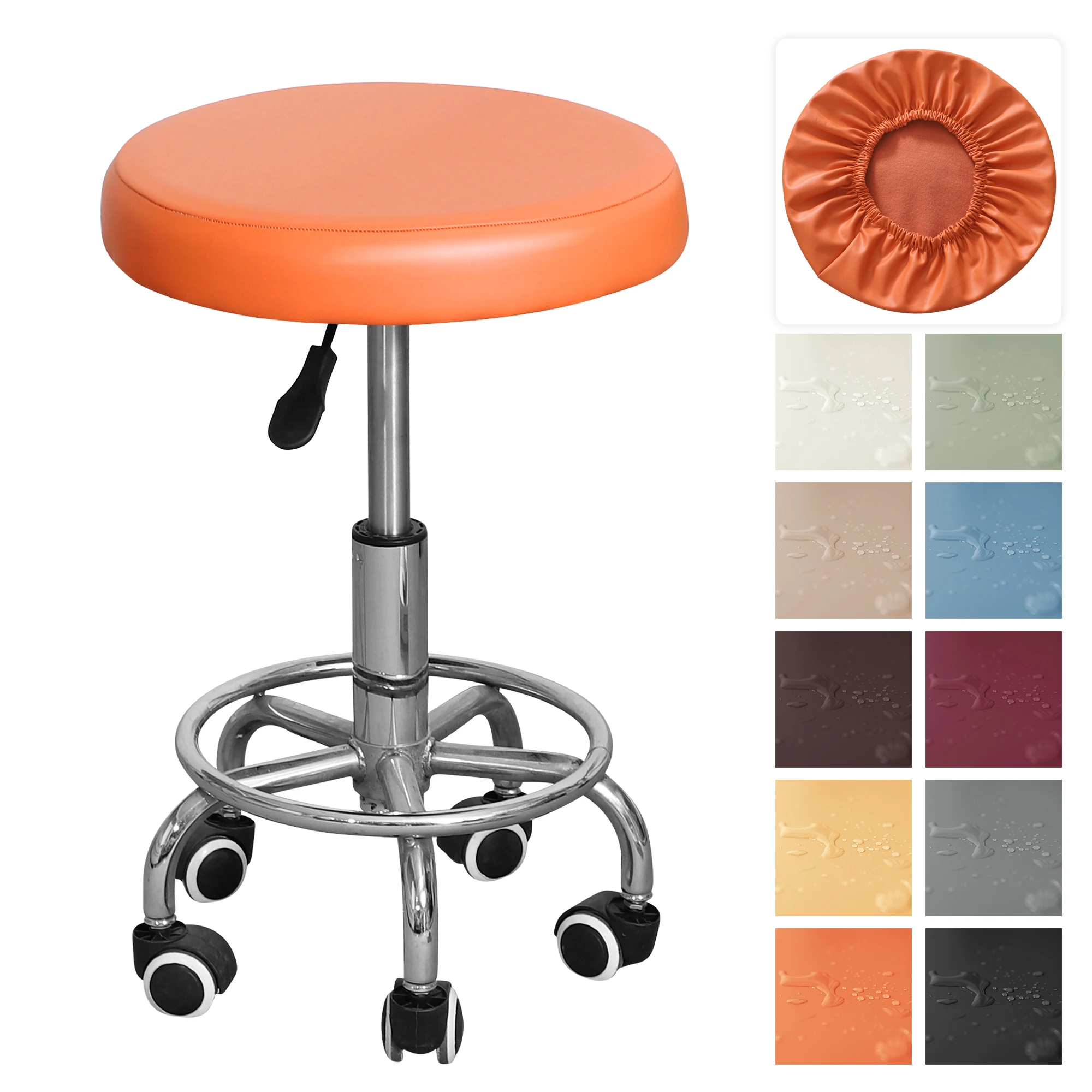 Wasserdichter runder Stuhlbezug aus PU-Leder für Drehstuhl, All-Inclusive-Barhocker, Sitzkissenbezug mit elastischen Bändern