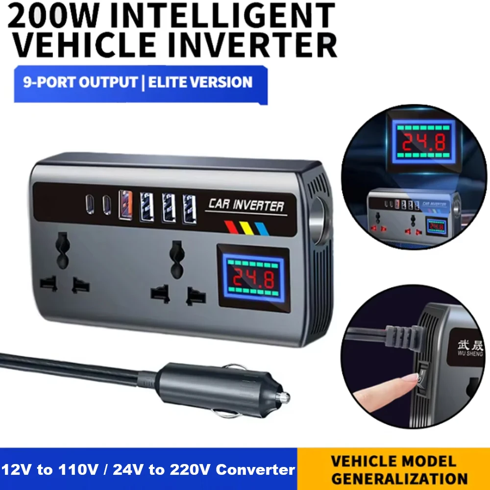 Tragbarer Auto-Wechselrichter 12V auf 110V / 24V auf 220V Steckdosenadapter mit 4 USB-Anschlüssen Schnellladegerät für Auto LKW SUV Wohnmobil Image