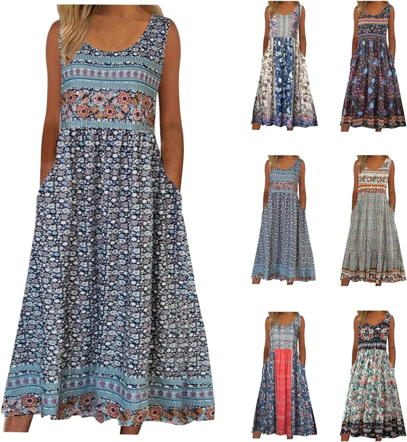 Sommerneu 2025! Ärmelloses, böhmisches, florales, lässiges Strand-MIDI-Sommerkleid für Damen mit fließenden und lockeren Taschen Image