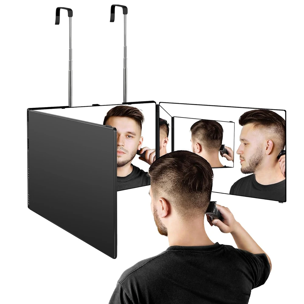 Tragbares 360-Grad-Reisegerät ° Dreifach Klappbarer Schminkspiegel mit Höhenverstellbarem Teleskop-Haken für Selbst-Haarschnitt, Rasur, Geschenke Image