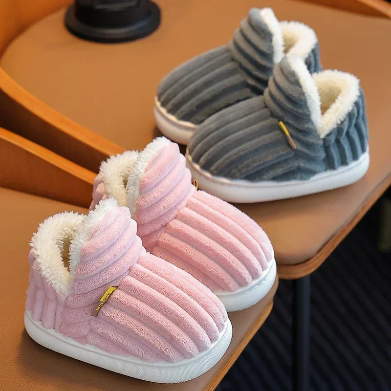Neue Winter Concise Streifen Plüsch Hausschuhe kinder Nicht-slip Weiche Sohle Kinder Jungen Mädchen Ferse Wrap Warme Hohe hause Baumwolle Schuhe Image