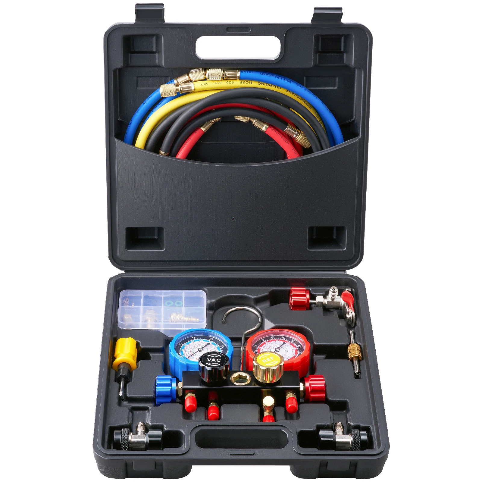 SucceBuy 4-Wege-AC-Messgerät-AC-Verteilermessgerät-Set mit 1,5 m langen Schläuchen für R134A/R22/R12/R410A. Funktioniert auf Auto-Freon-Laden und Evakuierung Image