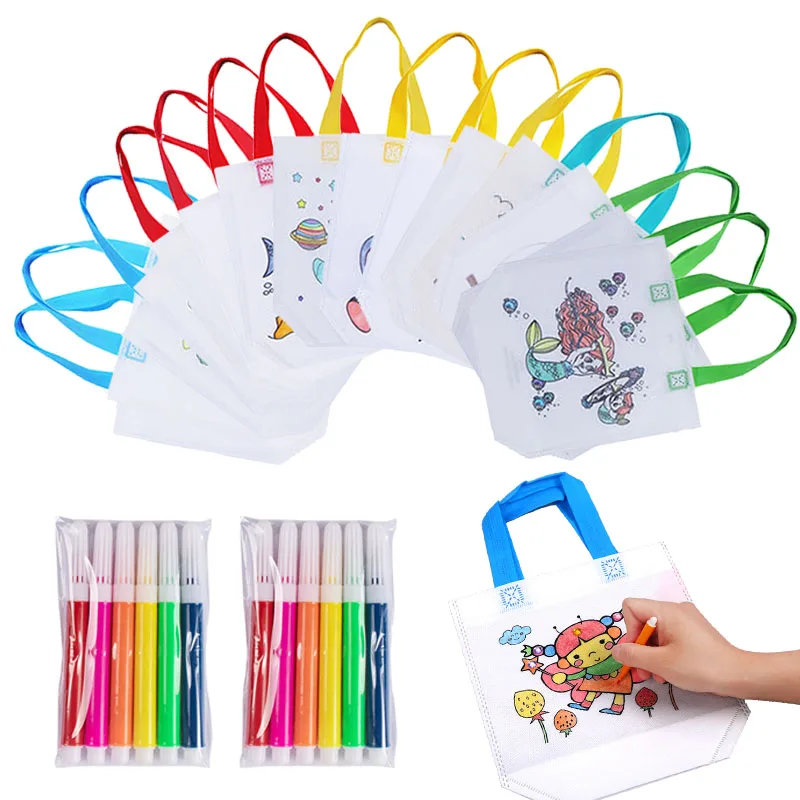 Doppelseitige Graffiti-Tasche aus Vliesstoff für Kinder, handgefertigt, DIY-Malerei, farbiges Spielzeug, Farberkennung, Puzzle, Geburtstagsgeschenk, TMZ Image