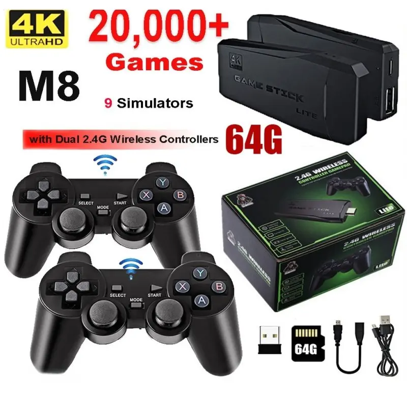 Kit de console de jeu HDMI HDTV tout-en-un M8, avec 2 manettes de jeu sans fil 2.4G stables, carte mémoire 64G préchargée avec plus de 20 000 jeux vidéo rétro, boîtier de jeu HD compact pour le