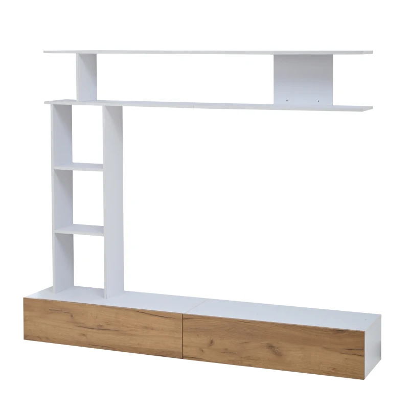 Meuble TV mural 180*35*22.5cm avec vitrines, meuble multimédia incluant un meuble TV, une étagère autoportante et une étagère murale, ensemble de meubles TV pour salon, meuble TV autoportant et mural,