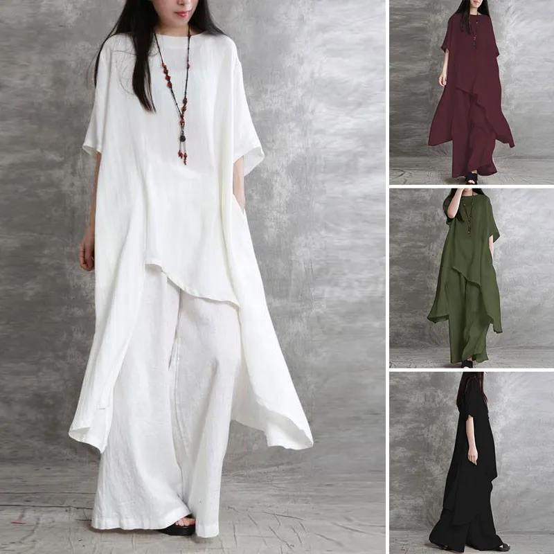 Damen Baumwoll-Leinen-Hosenanzüge, 2-teilig, lässig, halbärmelig, einfarbig, lockere Bluse & hochelastische Taille, weite Beine, lange Hosenanzüge Image
