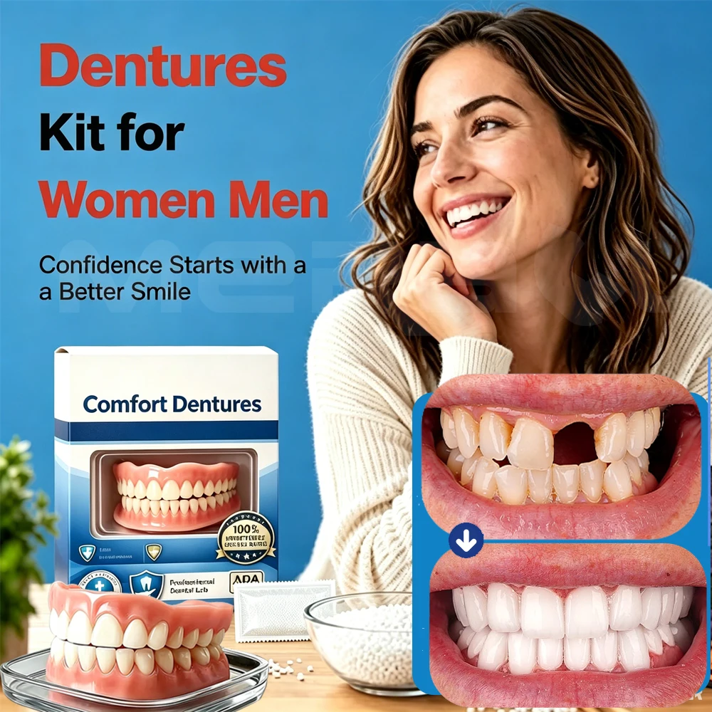 Smile Silikon-Zahnprothesen, künstliche Zahnverblendungen, temporäres Prothesen-Set für Ober- und Unterkiefer für Frauen und Männer, bequeme Ober- und Unterkiefer-Prothesen Image