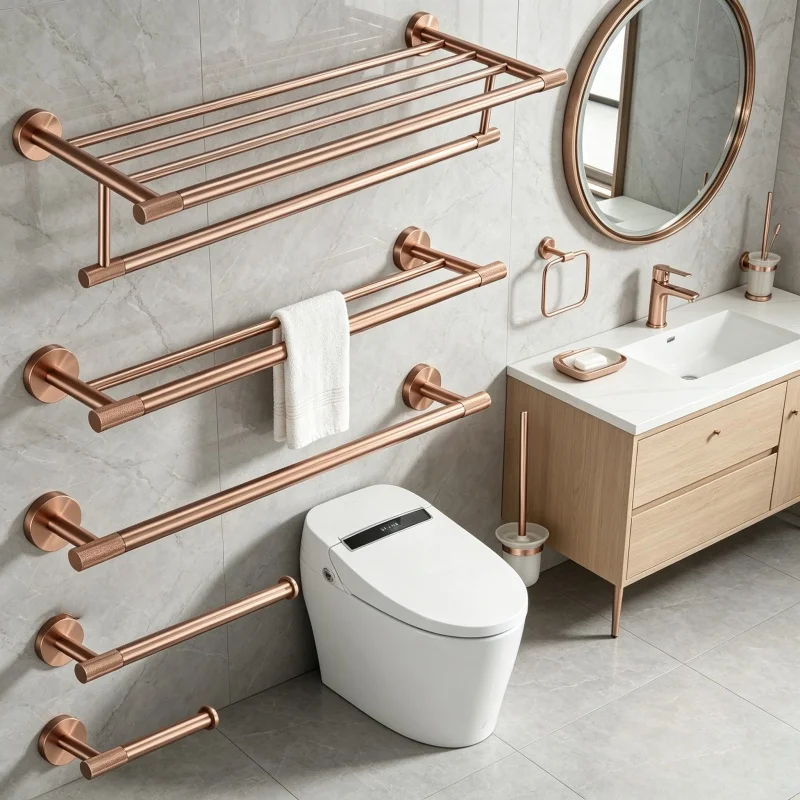 Ensemble d'accessoires en or rose brossé : Porte-brosse WC, Porte-papier toilette, Porte-serviettes, Porte-savon, Crochets et quincaillerie