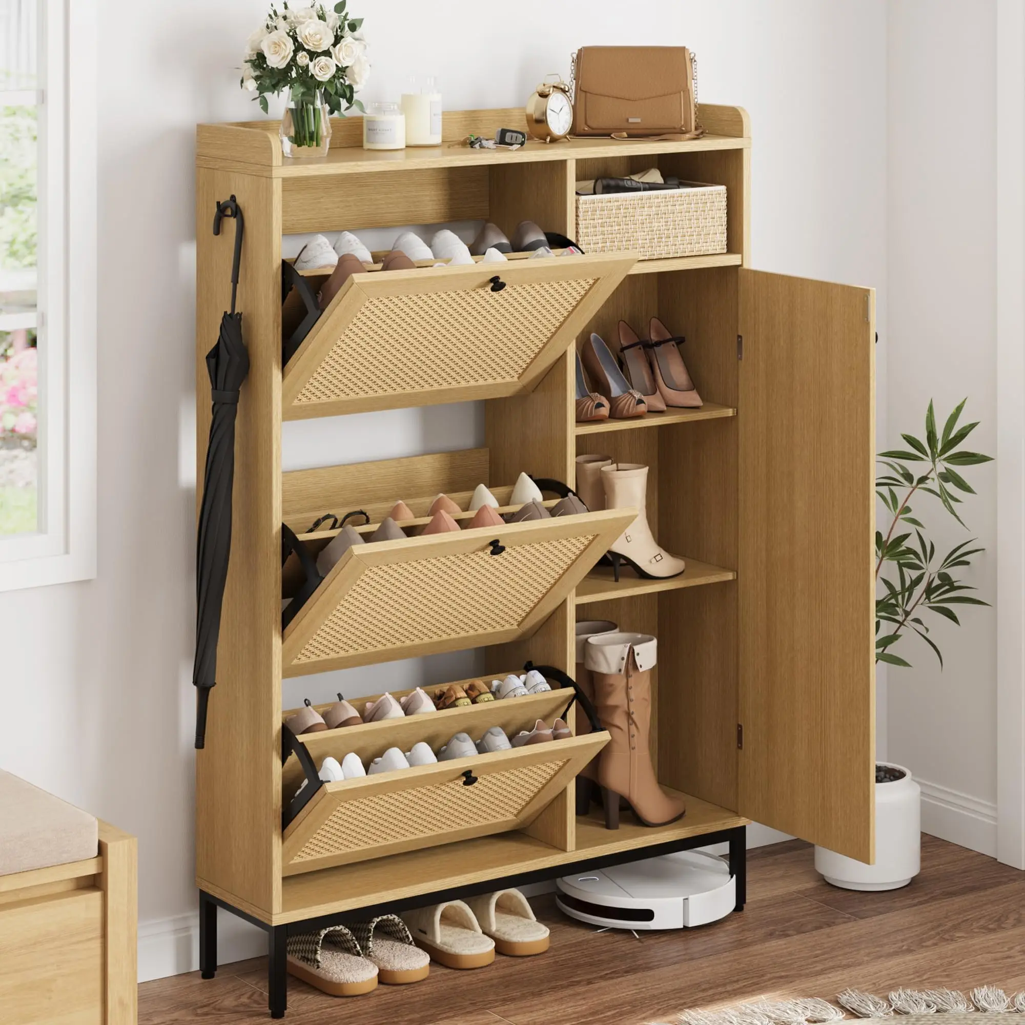 Schuhschrank Mit 3 Klappen & 4 Offenen Ablagen, Rattan & Verstellbare Regale & Metallgriff, Schmaler Shoe Cabinet Schmal Slim Flur Schuhkipper Schuhe Schrank, 90×12×131 Hoch cm, Holz