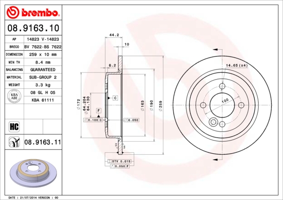 BREMBO Bremsscheibe 08916310 259mm 10mm Image