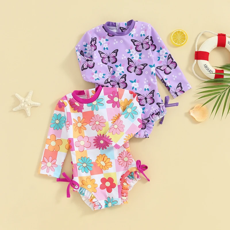 Baby Mädchen Bikini Bademode Rash Guard Langarm Blume Schmetterling Druck Schleife Sommer Schwimmen Badeanzug Beachwear Image
