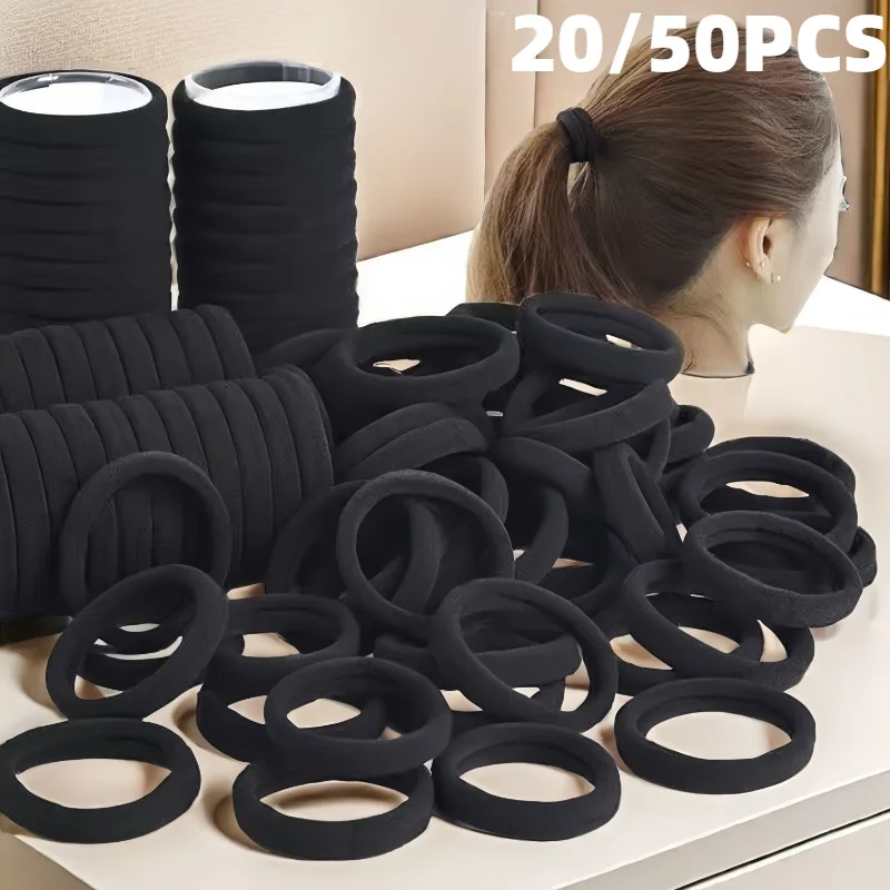 20/50 Stück elastische Haargummis, schwarze Farbe, minimalistischer Stil, Haargummizusätze für den täglichen Gebrauch, Haaraccessoires, elastische Haarbänder. Image