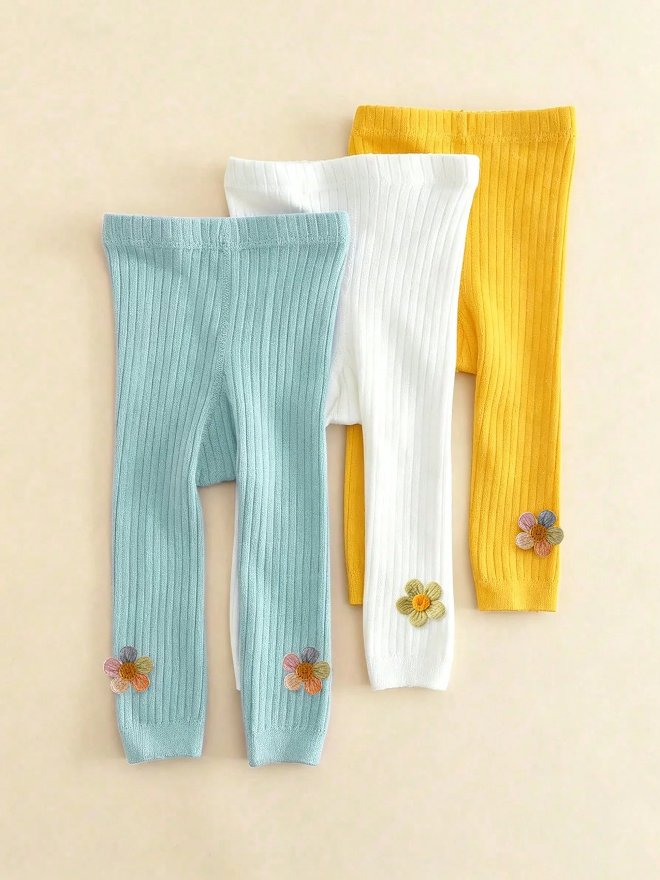 3 Paar gerippte Leggings für Mädchen mit Blumenstickerei, Frühling und Herbst, Baumwollmischung, Kinderhosen für Kleinkinder, niedliche Alltagskleidung, 1–12 Jahre Image