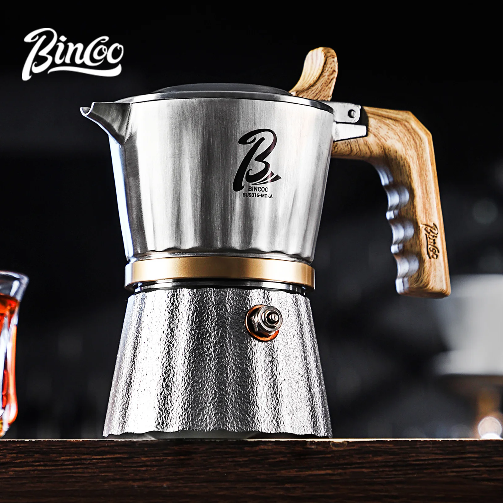Bincoo Pot Moka à trois vannes, cafetière expresso sur cuisinière en acier inoxydable 316 2 tasses, cafetière expresso accessoires Barista