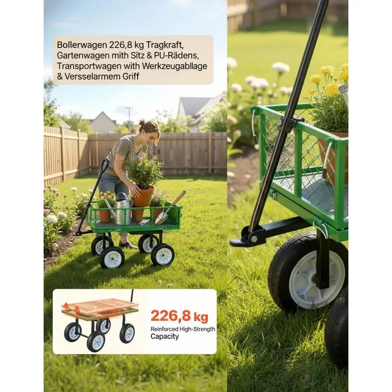 Chariot de jardin avec siège, capacité de 227 kg, siège de travail de jardin roulant en acier avec roues, tabouret de jardinage robuste, avec plateau à outils et poignée réglable, chariot de jardin