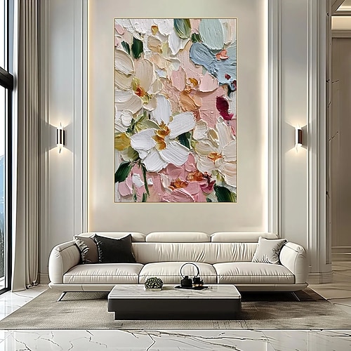 Ölgemälde, handgemalt, farbenfroh, strukturiert, florales Ölgemälde auf Leinwand, weiß-rosa Blüten, strukturierte Wandkunst, Impasto-Technik, abstraktes botanisches Kunstwerk, romantische Image