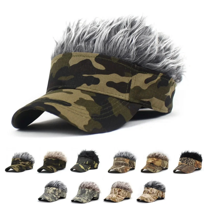 Outdoor-Tarnung Army green Dschungel Sonnenschirm Sonnenhut Spike Haare Perücke Hut Sport Baseball Cap synthetische kurze Haare Perücken Hut Visier Image