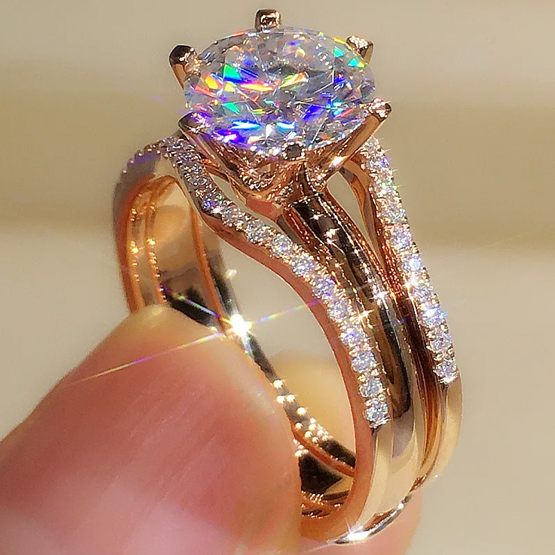 Huitan Einzigartige roségoldene Ringe für Damen, klassisch, mit 6 Krallen entworfen, Zirkonia-Ringe, Hochzeit, Verlobung, Bands, heißer Schmuck Image