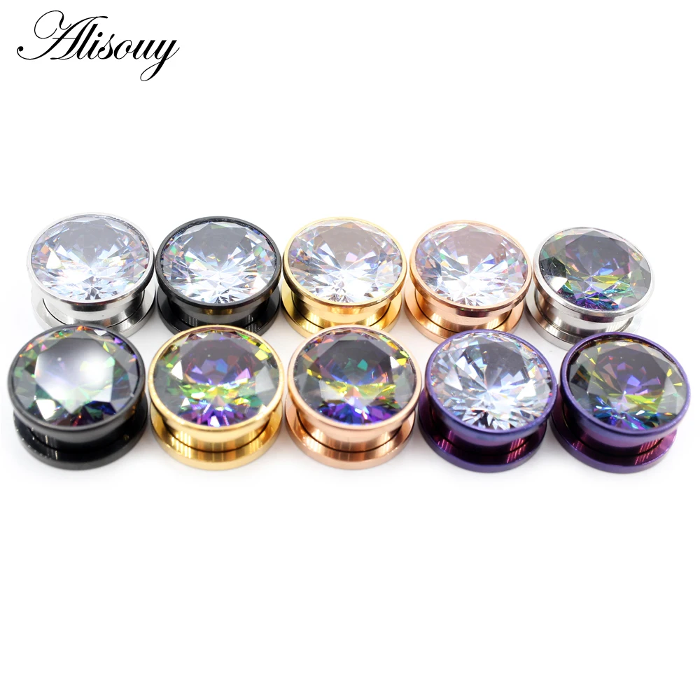 Alisouy 2PC Double Flared Ohr Plug Tunnel Edelstahl Schraube Zurück Bunte Zirkonia Ohrringe Messgeräte Expander Piercing Schmuck Image