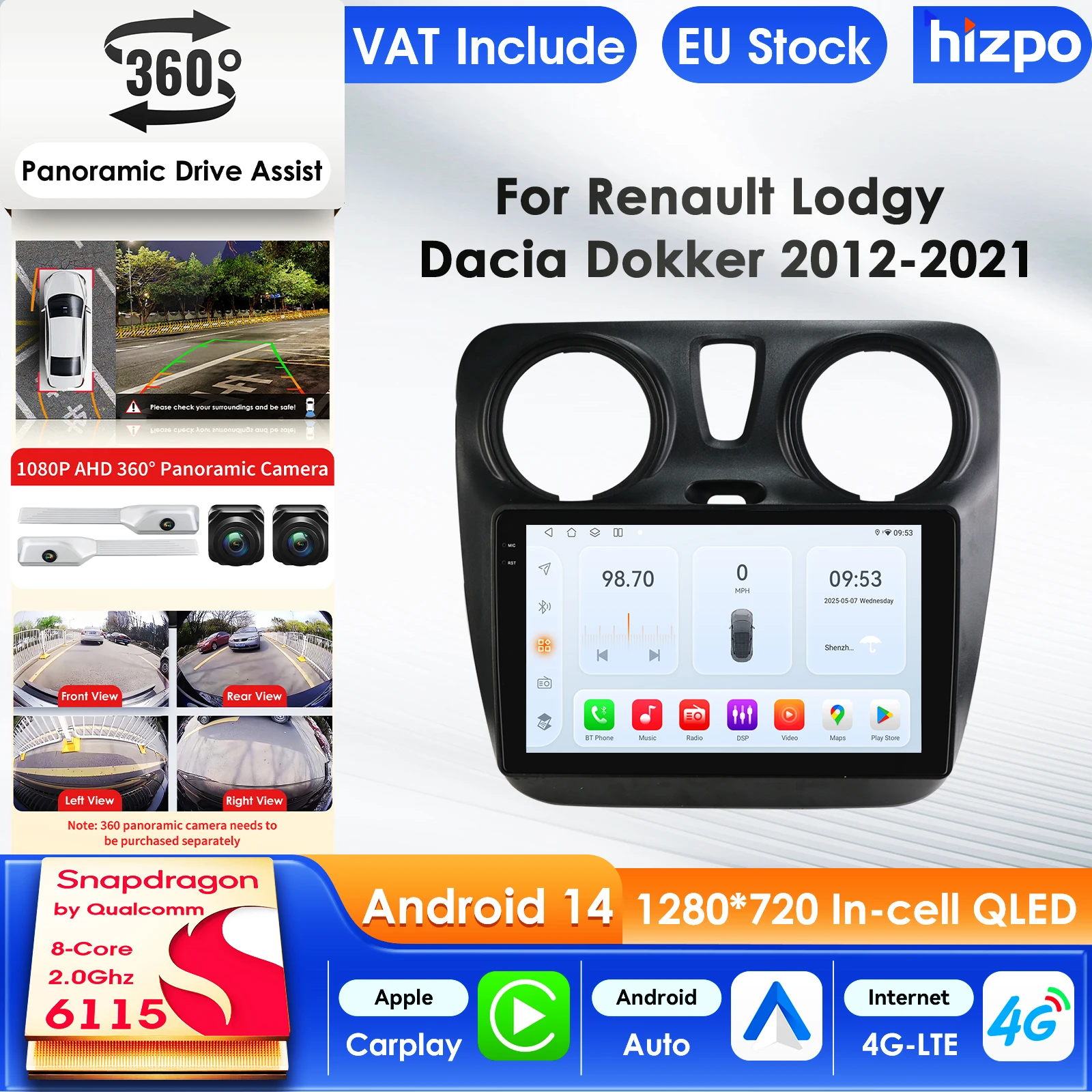 Hizpo 9'' Android 14 Autonavigation für Renault Dokker/Lodgy Dacia 2012 - 2021 4G WIFI BT GPS Wireless Carplay/Auto 360 Cam Image